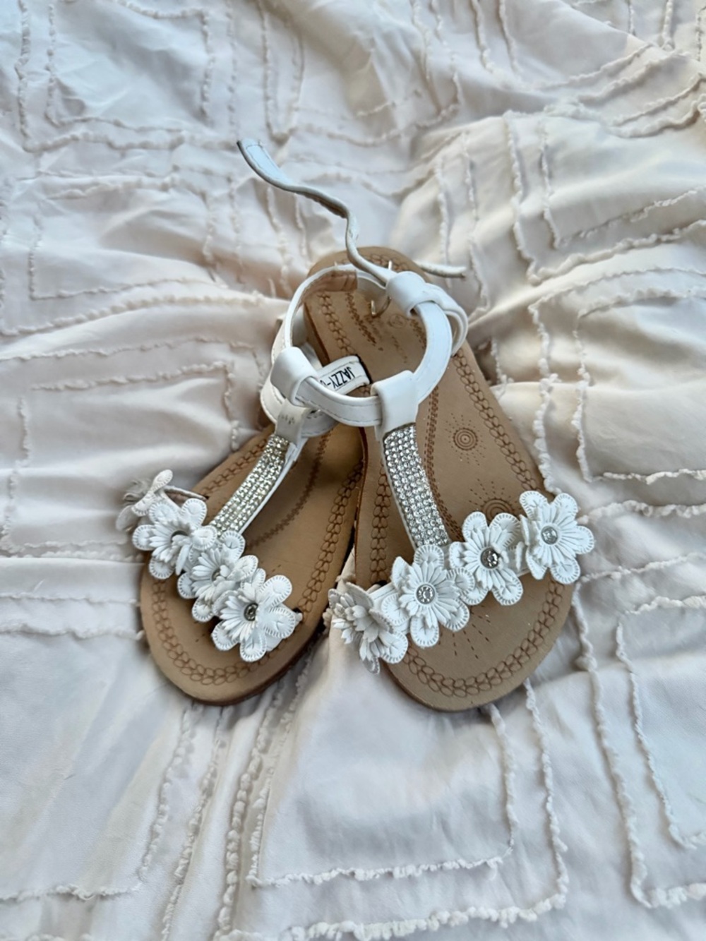 White Floral T-Strap Sandals with Rhinestone Accents